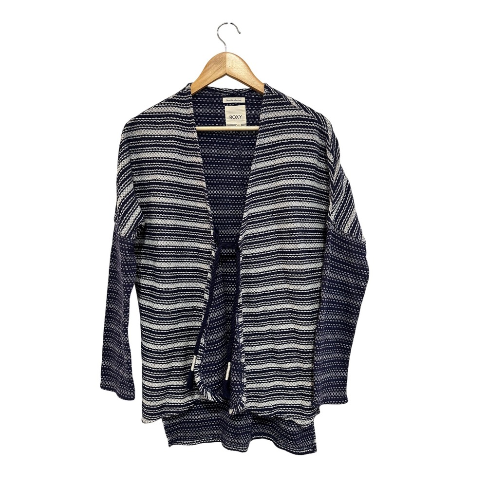 Roxy Navy Blue White Striped Open Front Tie Cardigan Small Boho Lagenlook